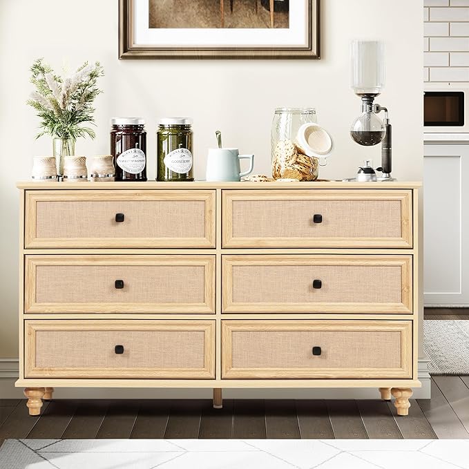 ORRD 6 Drawer Dresser for Bedroom, Mid Century Modern Wide Wood Rustic Chest of Drawers Wooden Storage Organizer Dressers with Burlap Rattan Drawers for Living Room, Hallway Closet, Entryway, Natural