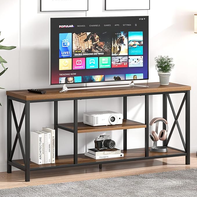 FOLUBAN Modern Entertainment Center for TVs up to 65 Inch, Rustic Wood Television Stands, Industrial TV Console and TV Cabinet for Living Room, Farmhouse TV Table for Bedroom, 55 Inch Walnut