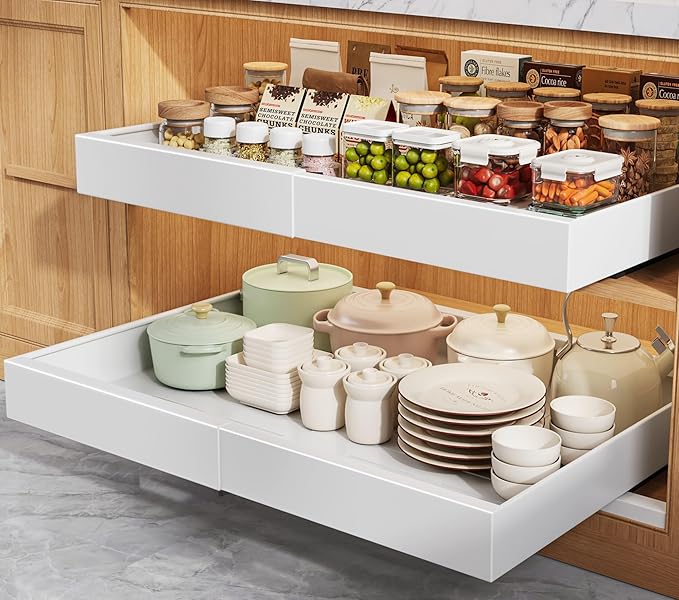 2 Pack Pull Out Cabinet Organizers 21" Deep With Raising Pad for Framed Cabinets, Expandable Width (15.2"-26.3") Slide Out Drawers Upgrade 3 Slide Rails, Roll Out Shelves Adhesive, White