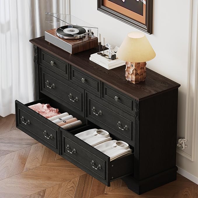 BLANKSPACE Black Dresser for Bedroom, Farmhouse 7 Chest of Drawers, Carved Design Cabinet Organizer with Brown Top