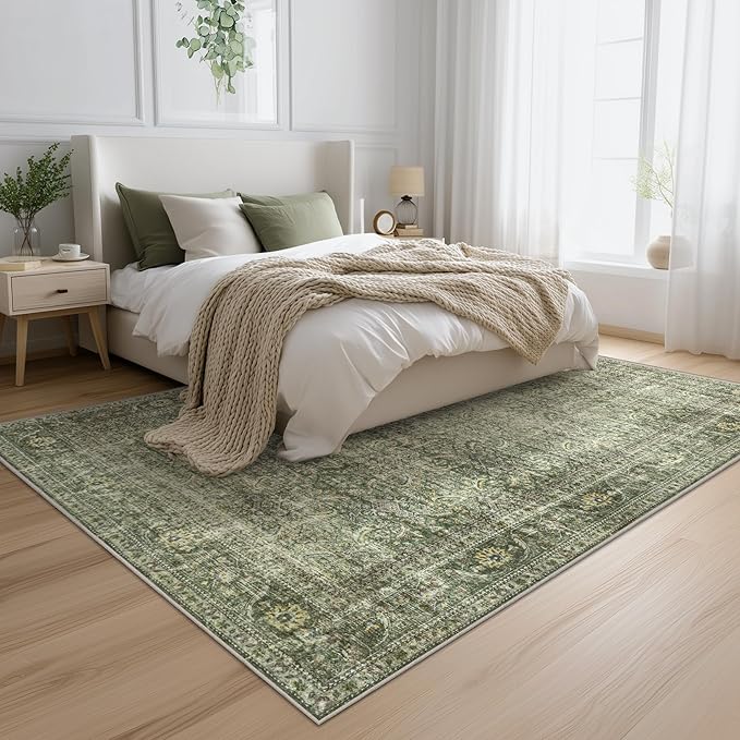 FMFUNCTEX 6x9 Washable Area Rug Green Vintage Neutral Distressed Large Non Slip Carpet for Living Room Bedroom Soft Low Pile Indoor Mat Retro Throw Rug for Dining Room Kitchen Office Nursery