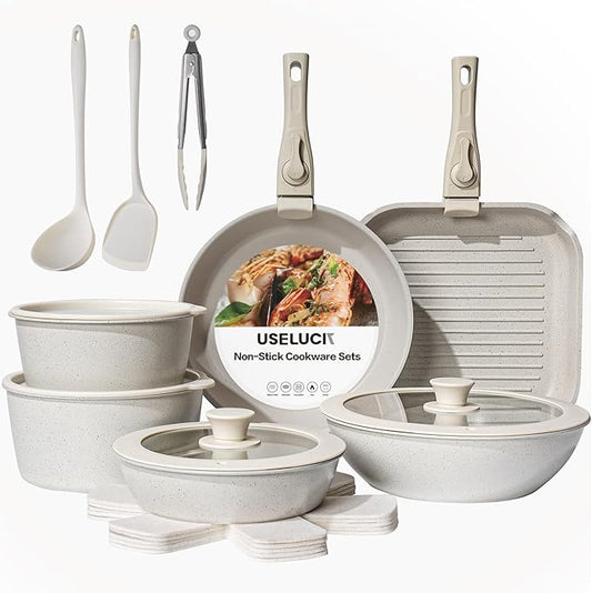 20 Pcs Pots and Pans Set Non Stick, Ceramic Cookware Set Detachable Handle, RV Kitchen Cooking Set Removeable Handles, Oven Safe, Induction Ready, Stackable Non-stick, Cream White