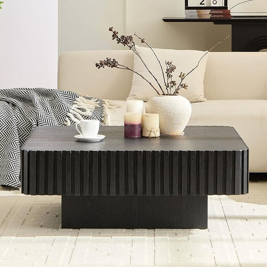 Square Coffee Table for Living Room, Accent Fluted Coffee Table with Storage, Modern Solid Wood Veneered Large Center Tea Table for Small Space Apartment (35.4''D×16''H-Black)
