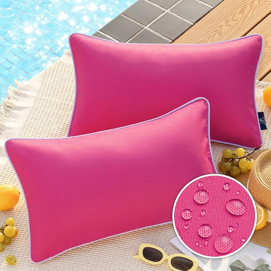 Phantoscope Pack of 2 Outdoor Waterproof Throw Pillow Covers Decorative Square Outdoor Pillows Cushion Case Patio Pillows for Couch Tent Sunbrella, Hot Pink 12x20 inches 30x50 cm