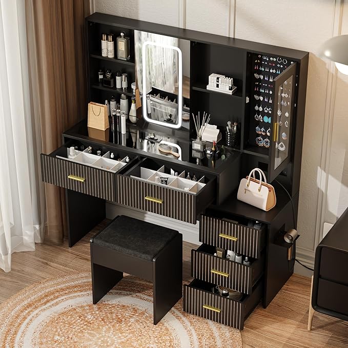 Large White Vanity Desk with Mirror and Lights，Vanity Table Makeup Vanity 5 Drawers with Power Strip Charging Station，Cushioned Stool for Bedroom, Dressing Room (Black)