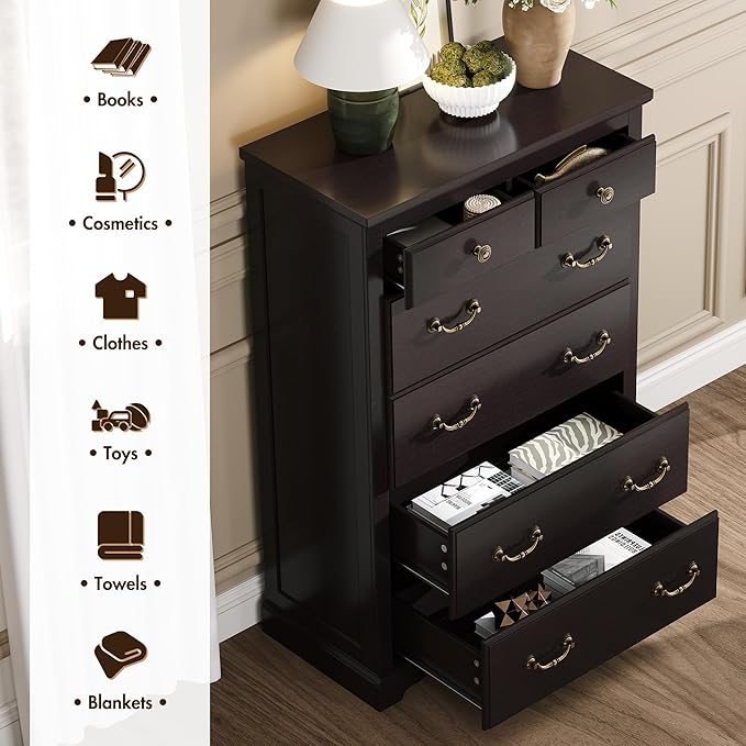 Farmhouse 6 Chest of Drawers for Bedroom, 48" Tall Wood Dresser with Bronze Retro Handles & 3D Drawer Fronts, Rustic Closet Dresser for Bedroom, Hallway, Espresso