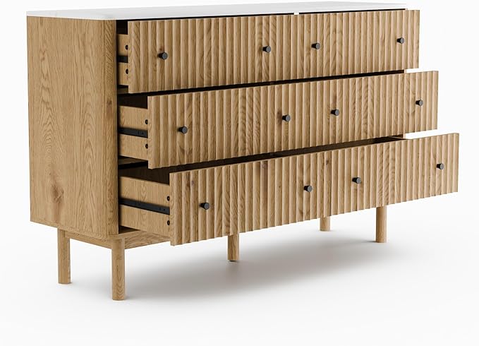 Fluted 6 Drawers Dresser for Bedroom, 54" Wide Modern Chest of Drawers with Faux Marble Top, Curved Profile Design, Solid Wood Legs, Wodden Dresser TV Stand, Storage Organizer for Bedroom,Oak