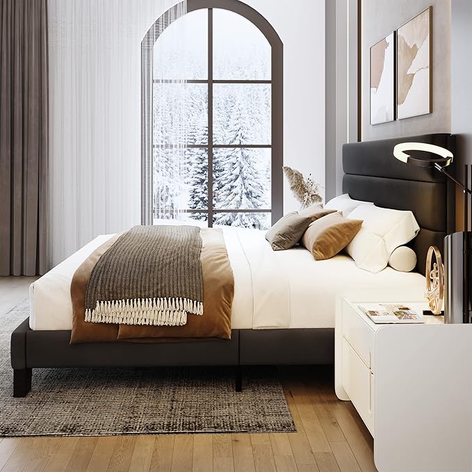 WEEWAY King Bed Frame Platform Bed with Velvet Upholstered Headboard and Wooden Slats Support, Heavy Duty Mattress Foundation, No Box Spring Needed, Easy Assembly, Black