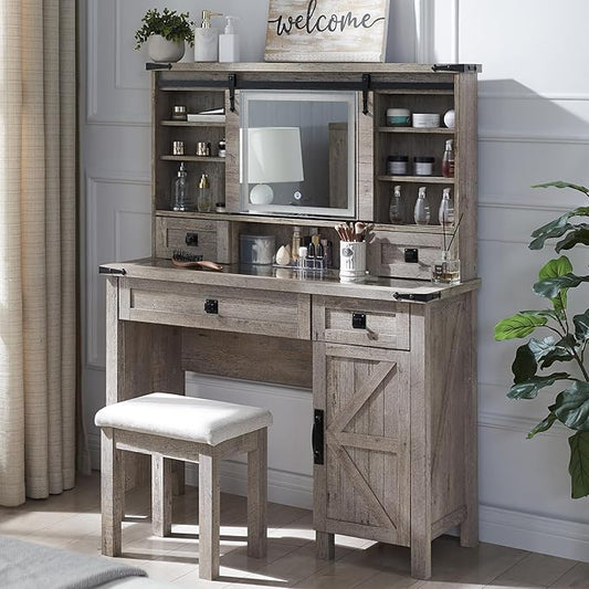 T4TREAM Farmhouse Makeup Vanity Desk with Sliding Mirror and Lights, 42'' Glass Tabletop Vanity Table with 2 Drawers & Shelves, Rustic Big Vanity Set for Bedroom, Light Rustic Oak