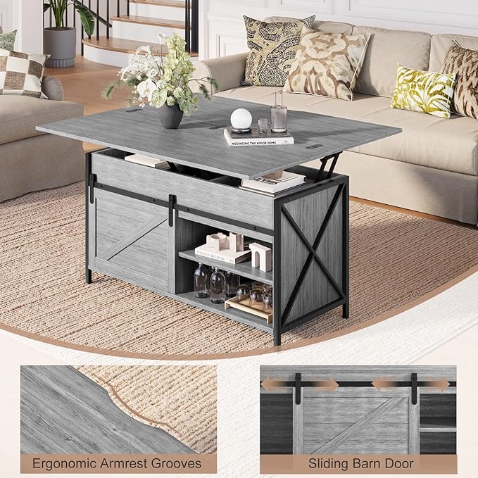 Lift Top Coffee Table with Storage and Sliding Door, 4 in 1 Multi-Function Convertible Tea Table with Hidden Compartment, Farmhouse Center Table with Wood Lift Tabletop for Living Room, Grey