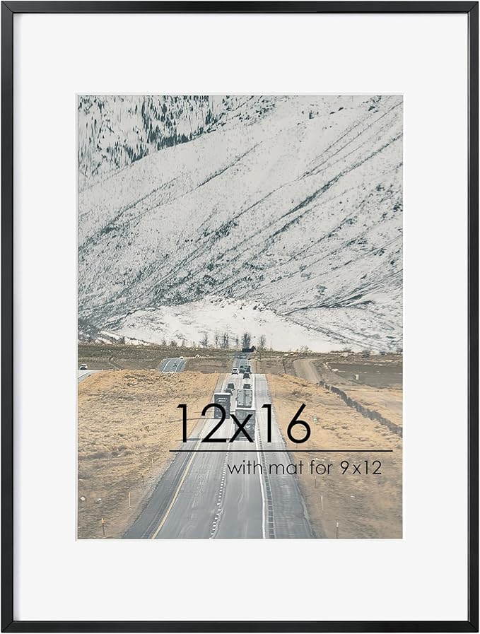 12x16 Metal Picture Frame For Wall With Mat For 9x12, 12''x16'' Aluminum Certificate Document Frames With Tempered Glass, Minimalist Modern Poster Frame Horizontally And Vertically, Black