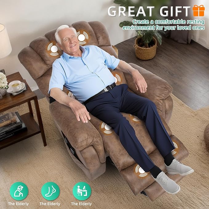 VIVIJASON Tall Man Large Dual Motor Power Lift Recliner Chair with Extended Footrest, Overstuffed Lay Flat Sleeper Electric Recliner W/Heat & Massage, Lumbar Pillow, USB & Type-C Ports, Brown