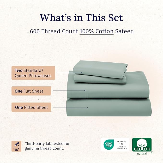 California Design Den - Luxury Full Size Sheet Set - 100% Cotton, 600 Thread Count Deep Pocket Full Size Bed Sheets, Hotel-Quality Cooling Sheets with Sateen Weave (Sage Green - Cool Tone)