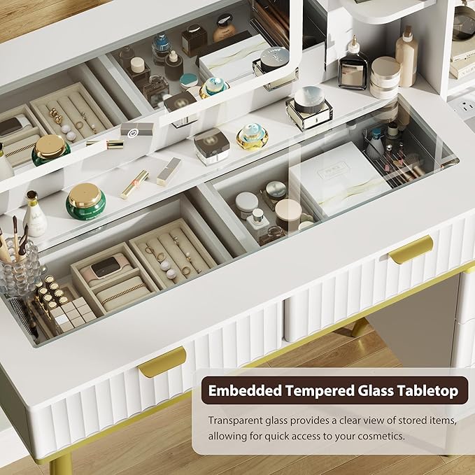 Vanity Desk with Mirror and Lights, Fluted Makeup Vanity with Glass top, 48" Big Modern Vanity with 5 Drawers & Glass Cabinet, White Vanity with 3 Lighting Modes for Bedroom