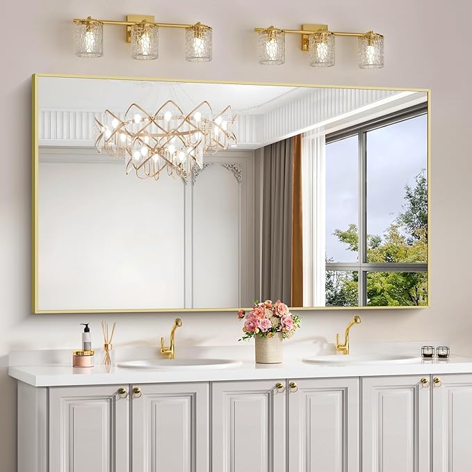 Gold Bathroom Mirror for Wall, 60x30 Inch Rectangle Mirrors with Metal Frame, Modern Vanity Wall Mirror Decor for Bathroom Living Room, Entryway Hangs Horizontal or Vertical