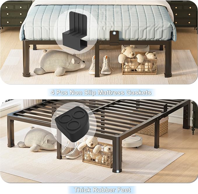 14 inch California King Bed Frame with Round Corner Legs and Headboard Hole Mattress Slide Stopper 3500 lbs Heavy Duty Metal Platform,Steel Slat Support,No Box Spring Needed,Easy Assembly,Noise Free