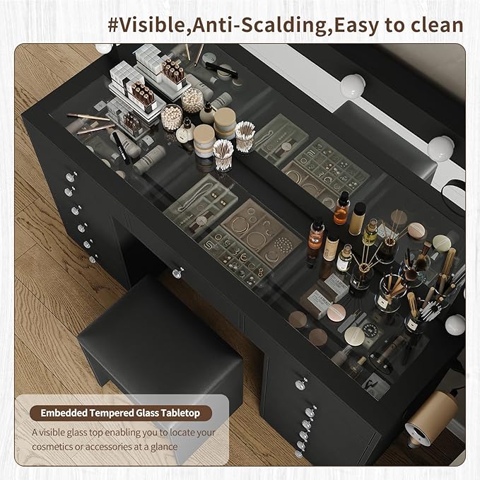 55'' Vanity Desk, Makeup Vanity with Charging Station, 13 Drawers with Lighted Mirror, 3 Lighting Modes, Brightness Adjustable, Glass Top, Vanity Table with Chair for Bedroom, Black