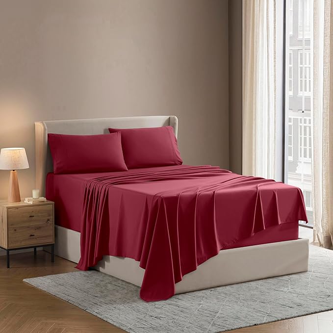 Nestl King Sheet Set - Luxury 1800 Ultra-Soft Microfiber King Bed Sheets - Double Brushed - Deep Pockets - Easy Fit - 4 Piece Set - Bedding Sheets & Pillowcases (King, Burgundy Red)