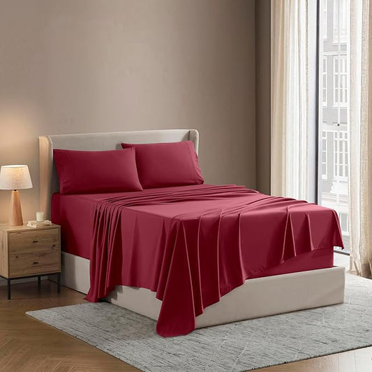 Nestl Split King Sheet Set - 1800 Ultra-Soft Microfiber Bed Sheets - Double Brushed - Deep Pockets - Easy Fit - 5 Piece Set - Bed Sheets & Pillowcases (Split King Size, Burgundy Red)