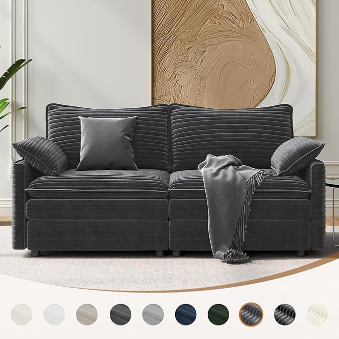 Vesgantti 74" Loveseat Sofa for Living Room, Comfy Cloud Couch Deep Seat Corduroy Modern 2 Seater Small Sofa with Armrest Pillow, Easy Assembly for Small Spaces, Gray