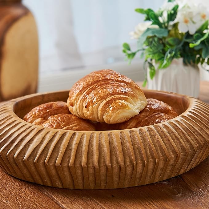 Teak Handcrafted Wooden Bowls Natural Wood Round Utility Bowl 11.8" W Handmade Rustic Serving Platter Fruit Snack Holder for Entry Table Vintage Artworks Dining Room Home Décor