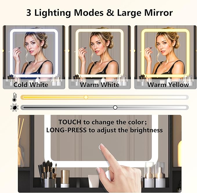 Black Makeup Vanity Desk with Mirror & Lights, Modern Vanity Table with Charging Station, 7 Drawers, Glass Cabinet, Shelves & Cushioned Stool, Bedroom Dressing Table Set for Women & Girls