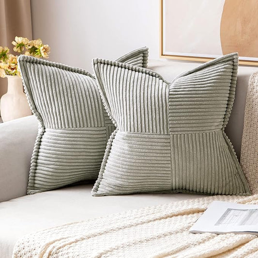 MIULEE Decorative Throw Pillow Covers for Couch Bed Livingroom 20x20 Inch Set of 2 Light Grey Boho Accent Throw Pllows Broadside Striped Patchwork Soft Corduroy Pillowcases