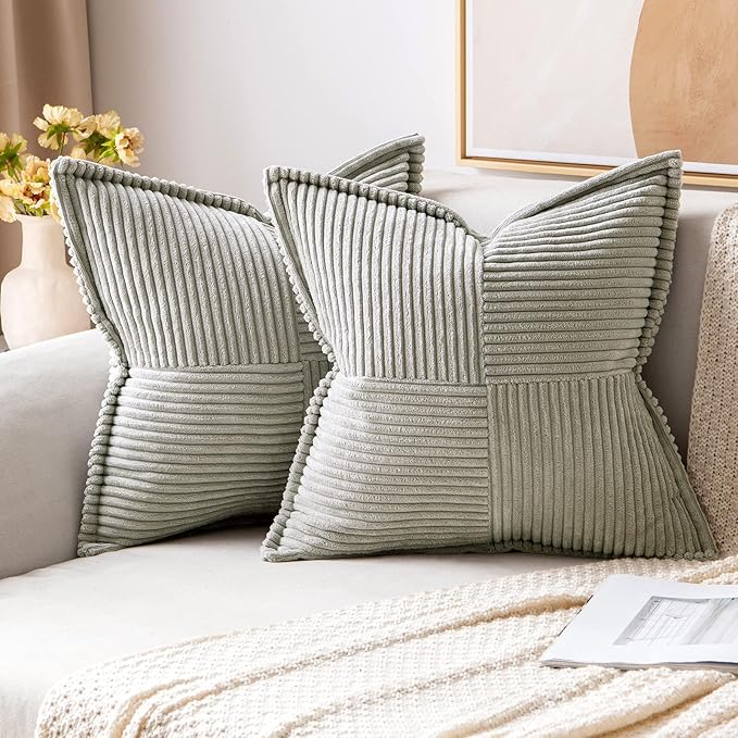MIULEE Light Grey Corduroy Decorative Euro Sham Pillow Covers 24x24 Inch with Splicing Set of 2 Soft Boho Pillow Covers Broadside Textured Pillowcases for Couch Bed Livingroom