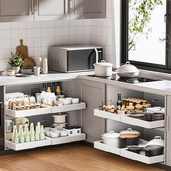 2Pack Pull Out Cabinet Organizer, Slide Out Drawer Expandable Width (12"-19") and Depth (17"-23") With 3 Slides, Fixed with Adhesive Film or Nail for Cabinets in Kitchen, Pantry or Bathroom
