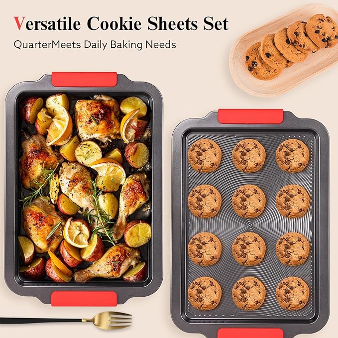 Baking Pans Set with Circle Grooves, 2-Piece 16x11in Nonstick Cookie Sheets for Baking & Roasting, Baking Sheet with Red Grips, PFAS/PTFE Free,Gray