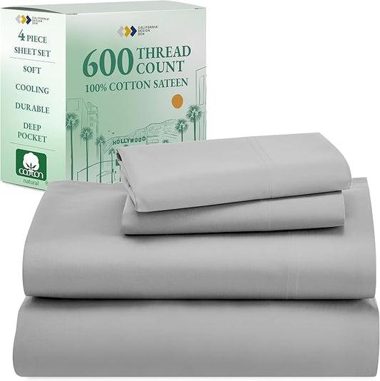 California Design Den California King Sheet Set - 100% Cotton, 600 Thread Count Deep Pocket Cal King Sheet Set, Luxury Hotel-Quality, Soft Sateen Weave - Light Grey