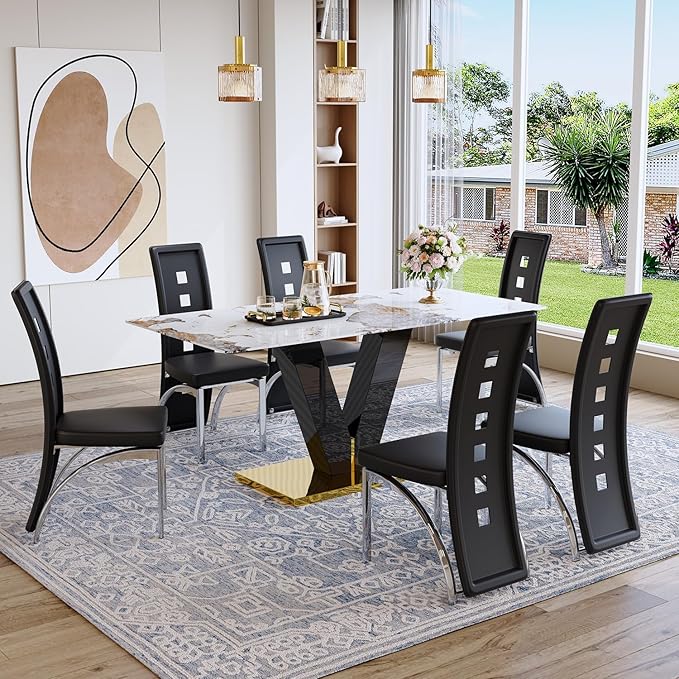 71'' Dining Table Set for 6,Modern Dining Room Table Set for 6,Marble Dining Table with 6 PU Leather Dining Chairs,Gold Dining Room Table with Glossy V-Shaped Base Ideal for Kitchen
