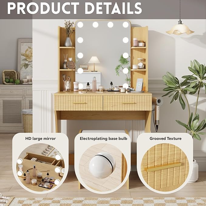 Vanity Desk with LED Lighted Mirror, Makeup Vanity with 3 Adjustable Lights, 2 Large Drawers and 4 Open Shelves, Natural Vanity with Storage Stool for Bedroom