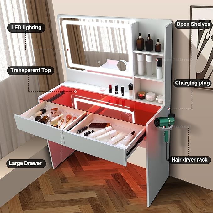 Vanity Desk，Transparent Desktop, Multiple Color Ambient Lights, with Mirror and Tri Color Light Strip, Dressing Table with Charging Station, Equipped with 2 Drawers, White