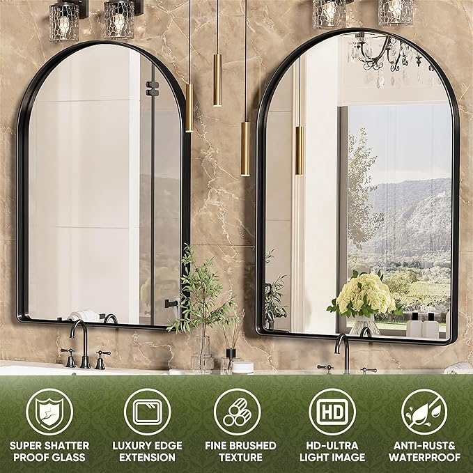 Suidia 22" x 30" Bathroom Mirror, Bathroom Vanity Mirror Metal Framed, Wall-Mounted Mirrors for Bedroom, Living Room, Entryway, Hallway, Black, Arch Style