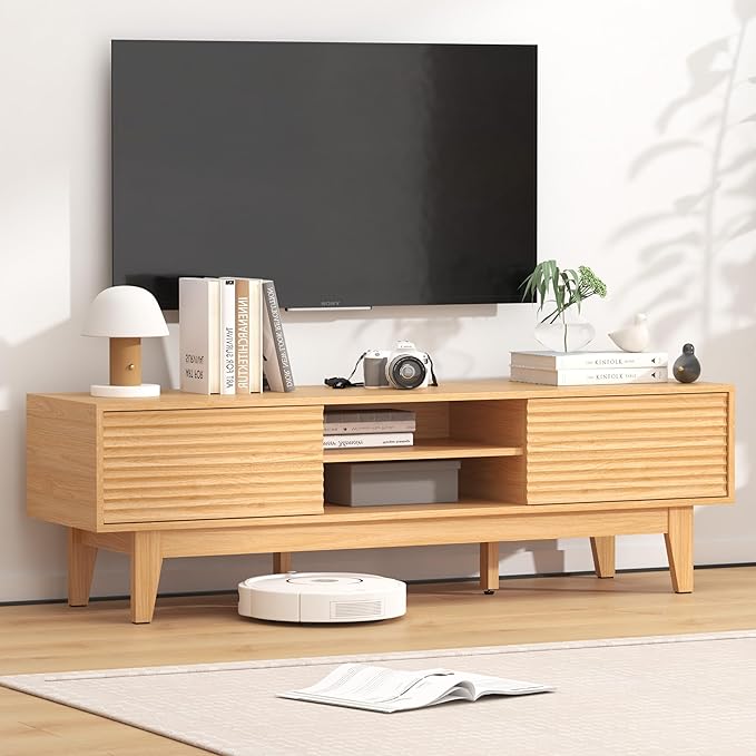 Wooden Fluted TV Stand for 55 65 70 inch TV, Long & Large TV Media Console Table with Storage Cabinets, Boho Farmhouse Entertainment Center for Living Room, Bedroom - Natural Wood