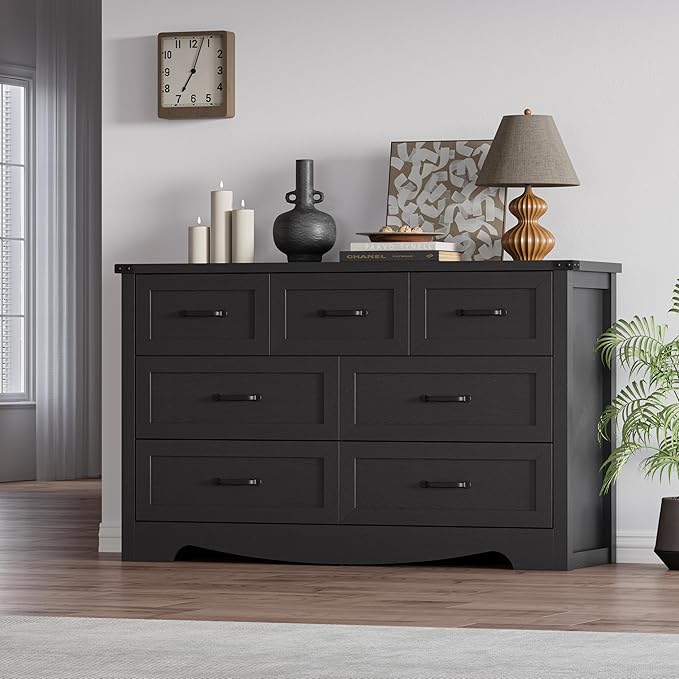 7-Drawer Dresser for Bedroom – 47" Wide Modern Wooden Chest with Natural Wood Texture, TV Stand & Storage, Metal Corner Brackets, Wood Drawer Organizer for Living Room, Hallway