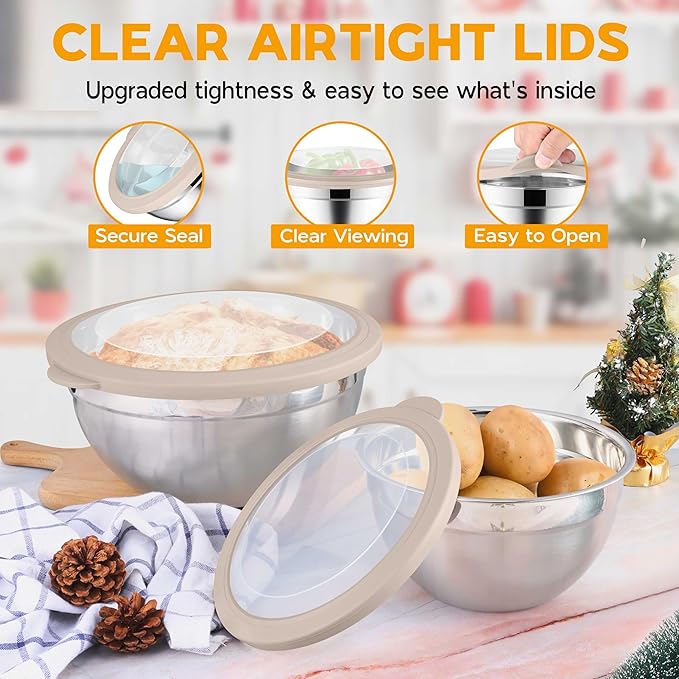 Mixing Bowl Set of 5 for Kitchen, Stainless Steel Metal Nesting Mixing Bowls with Khaki Lids – Size 1.5, 2, 2.6, 3.5, 4.6QT