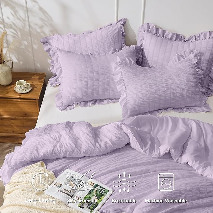 JOLLYVOGUE Lavender Twin Size Comforter Set, 2 Pieces Seersucker Lightweight Fluffy Bedding Set, Twin Ruffle Comforter, All Season Soft Microfiber Shabby Chic Bed Set
