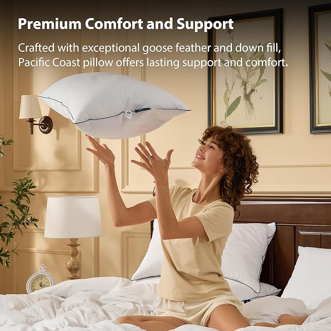 Pacific Coast Bed Pillow, Luxury Hotel Collection Goose Feather and Down Pillow for Sleeping with Classic Diamond Pattern, Medium Supportive, Standard Size