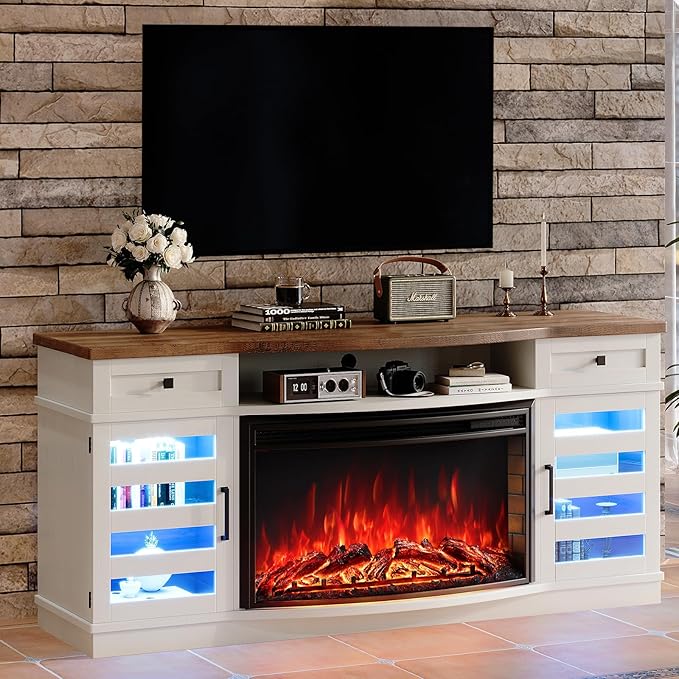70" Farmhouse Curved Fireplace TV Stand, LED Light Entertainment Center Table with 36'' Upgrade Electric Fireplace TV Console Cabinet for TVs Up to 80", Antique White Barnwood