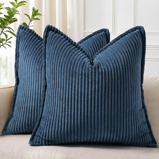 decorUhome Corduroy Navy Blue Throw Pillow Covers 26x26 Set of 2 Decorative Soft Boho Striped Neutral Euro Farmhouse Couch Pillow Covers with Broadside for Living Room Bed Sofa
