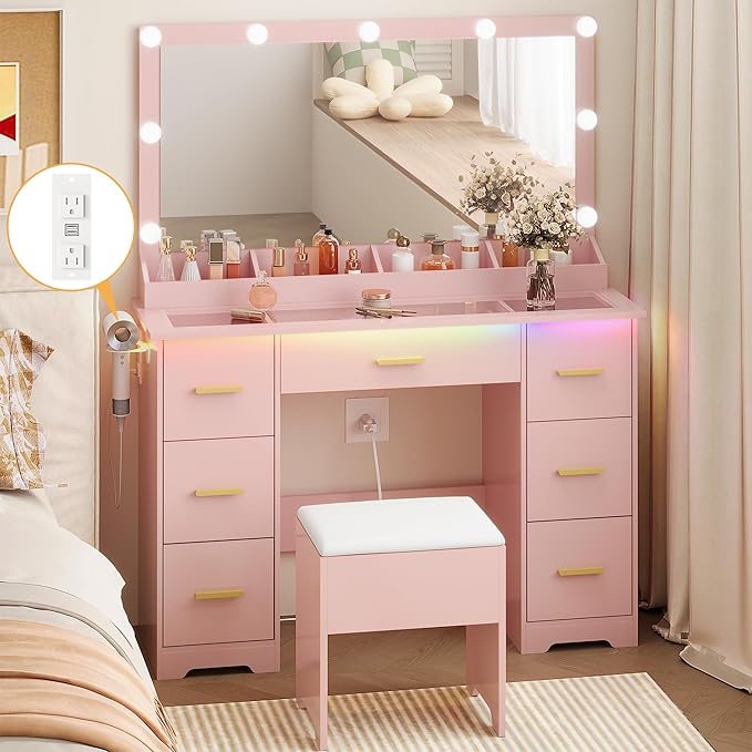 Makeup Vanity Desk with Mirror and Lights, Glass Top Vanity with 38" Lighted Mirror & Charging Station, Large Vanity Mirror with Lights Desk and Chair for Girls 3 Lightings Mode Adjusted, Pink