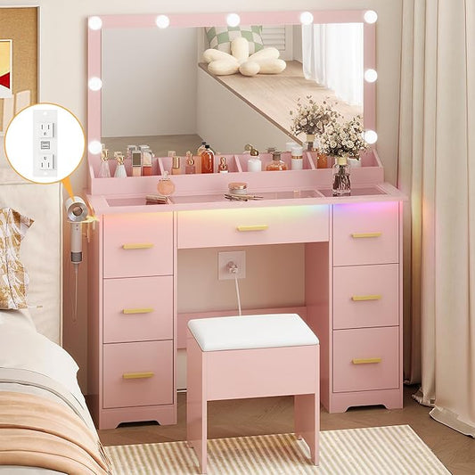 Makeup Vanity Desk with Mirror and Lights, Glass Top Vanity with 38" Lighted Mirror & Charging Station, Large Vanity Mirror with Lights Desk and Chair for Girls 3 Lightings Mode Adjusted, Pink