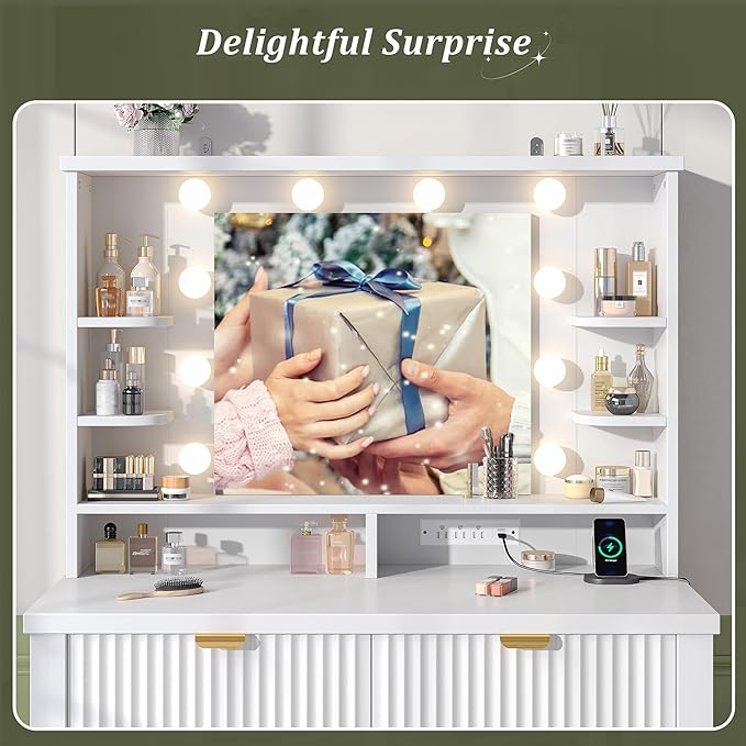 Vanity Desk with HD Mirror and 3-Color Adjustable Lights, Fluted Makeup Vanity with Storage Stool, 2 Large Drawers & Charging Station, Small Vanity for Women's Bedroom, Dressing Room, White