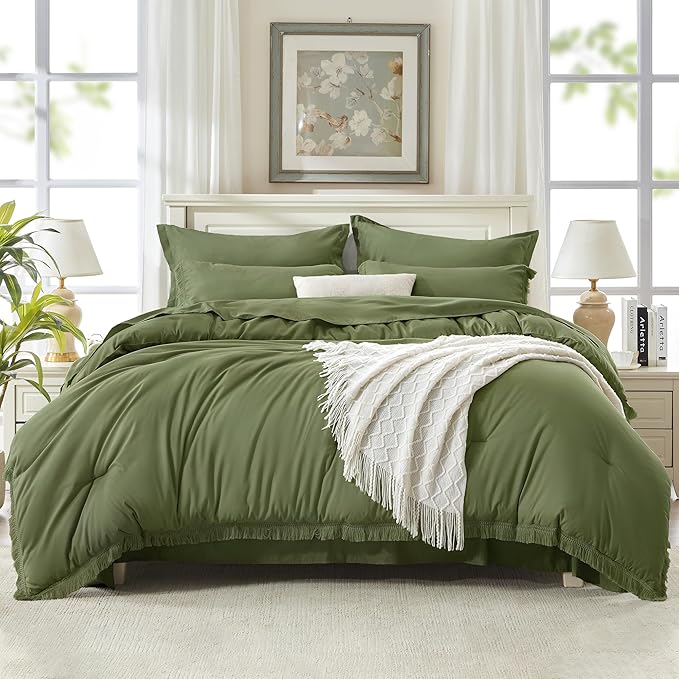 Andency Full Size Comforter Set with Sheets Olive Green -7 Pieces Bed in a Bag Boho Tassel Bedding Sets, All Season Fringe Bed Set with Comforter, Sheets, Pillowcases & Shams