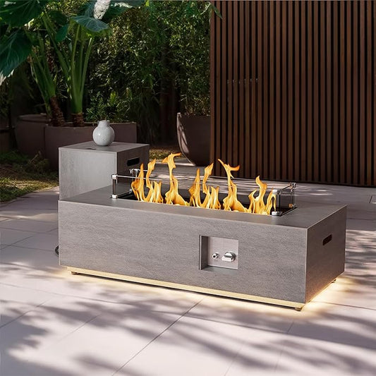 2-Piece 42" LED Rectangular Propane Fire Pit for Outside Patio with Hidden Tank Table, 50,000 BTU Fireplaces with Glass Wind Guard, Lid, Glass Rocks, Cover(Grey w/Warm Light)