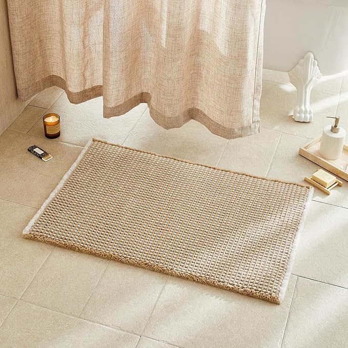 Waffle Bath Mat, Boho Bathroom Rugs Non Slip Washable Super Absorbent Quick Dry Bath Mat Farmhouse Bathroom Decor, 36"x24" Khaki and White