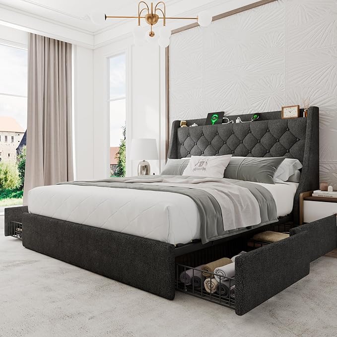 Upholstered Queen Bed Frame with 4 Storage Drawers, Modern Platform Bed with Wingback Headboard, Charging Station, No Box Spring Needed, Dark Grey