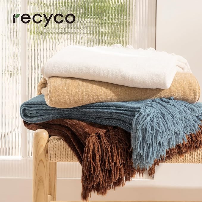 RECYCO Throw Blanket Soft Cozy Chenille Throw Blanket with Fringe Tassel for Couch Sofa Chair Bed Living Room Gift (Beige, 60" x 80")